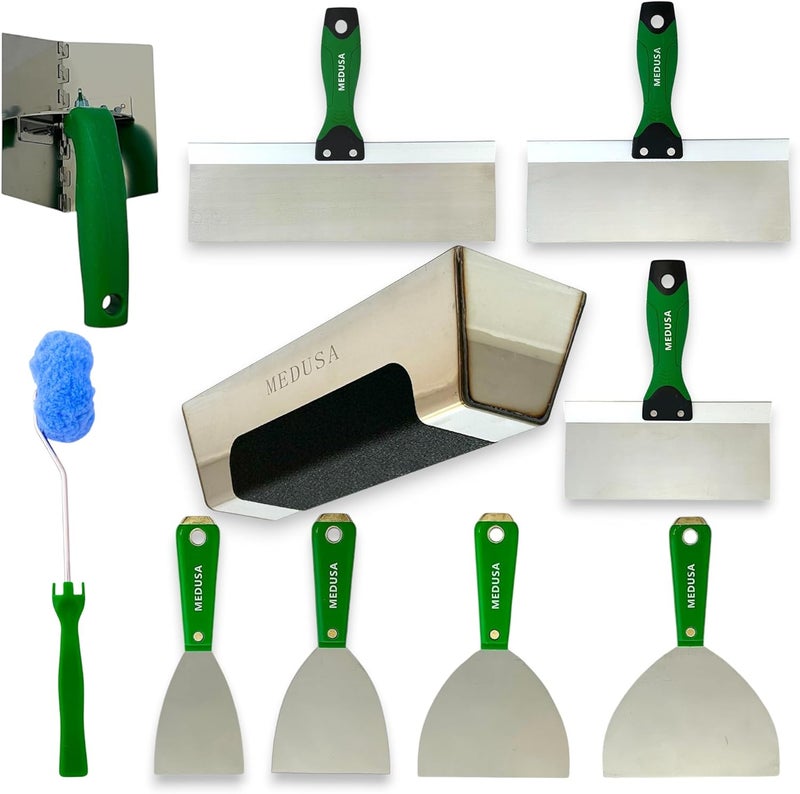 MEDUSA S.S. Drywall Taping Tool Set with Adjustable and reversible S.S. Angle Tool, Removable and Replaceable Corner Mud Roller and Professional Grade S.S. Mud Pan with Grip - Image 1